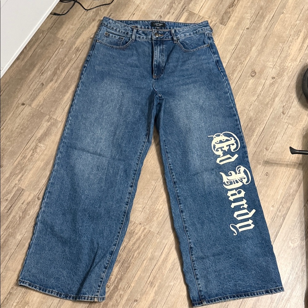 Ed Hardy Blue Relaxed Wide-Leg Jeans with White Script